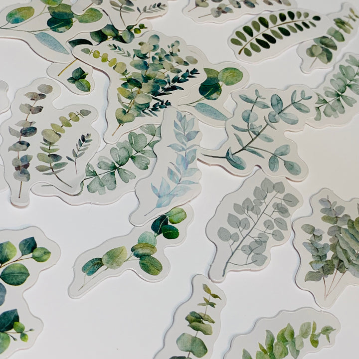 GREEN EUCALYPTUS LEAVES Peelable Stickers  ~ 45 Pieces ~ Each Sticker is Approximately 38mm