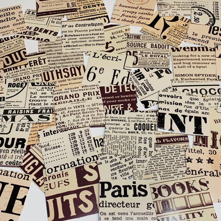 FRENCH NEWSPAPER PRINT Peelable Stickers  ~ 45 Pieces ~ Each Sticker is Approximately 38mm