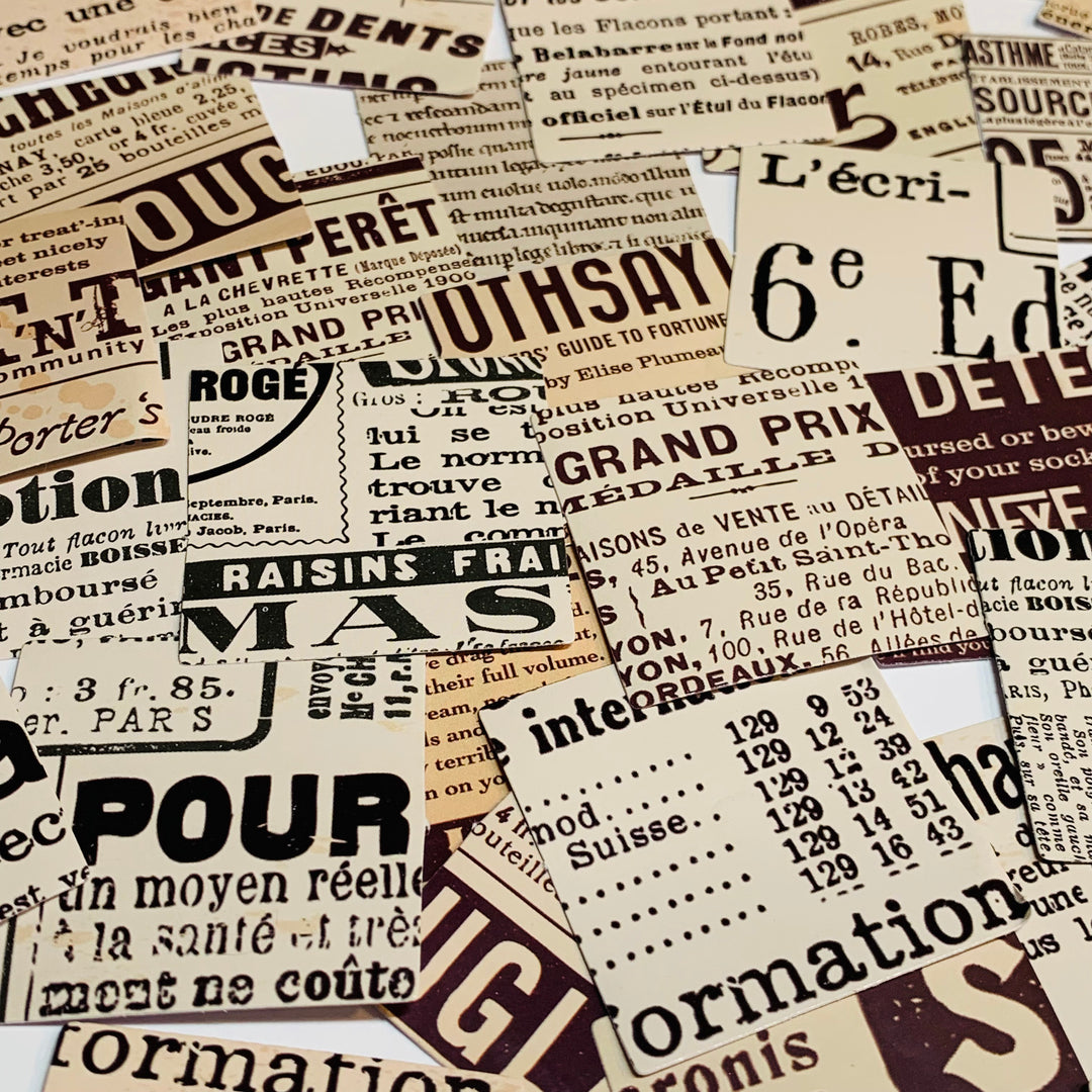 FRENCH NEWSPAPER PRINT Peelable Stickers  ~ 45 Pieces ~ Each Sticker is Approximately 38mm