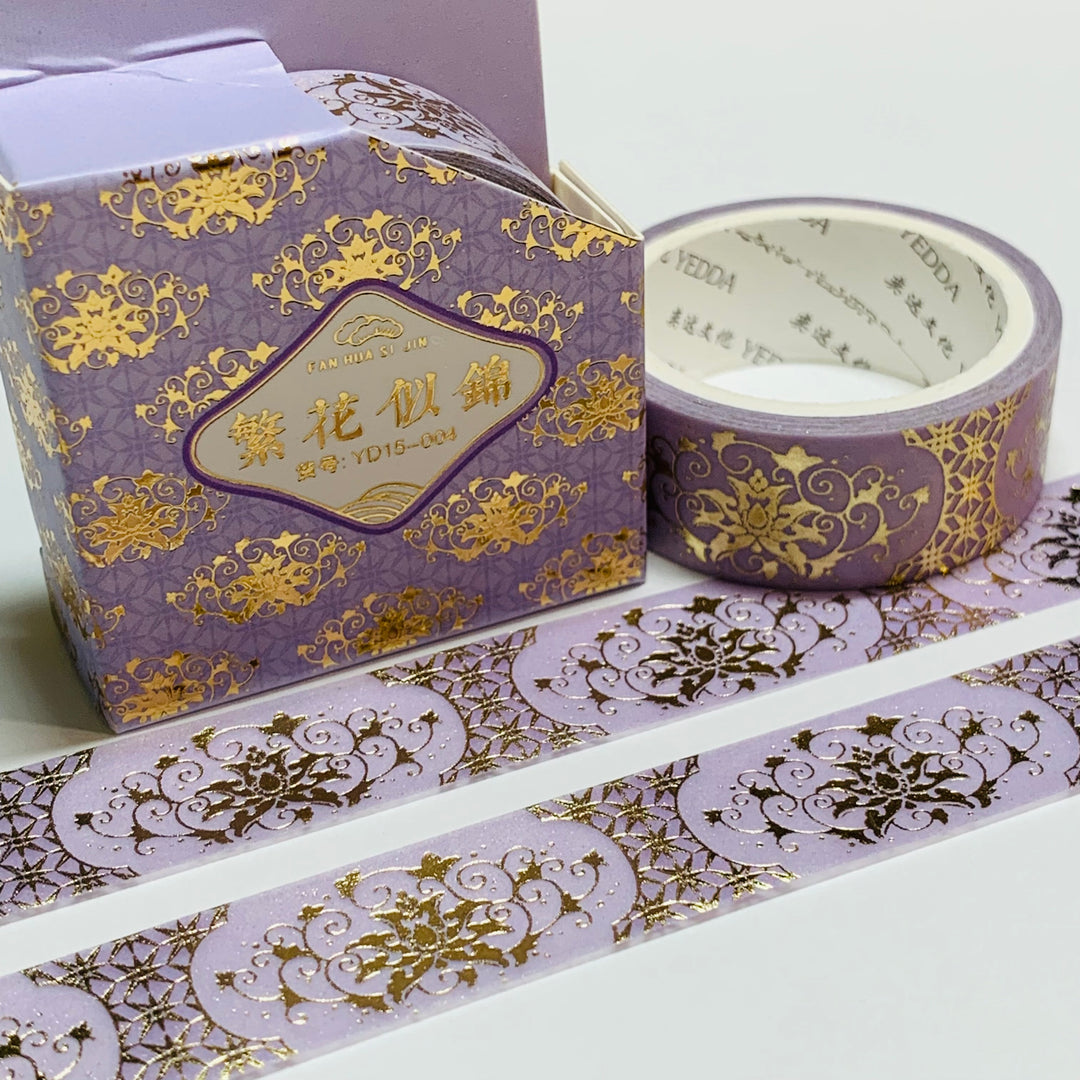 INTRICATE LAVENDER FLORAL Bouquet Gold Foil Embossed Washi Tape ~ 1 Roll ~ 15mm x 3m (10 Feet)