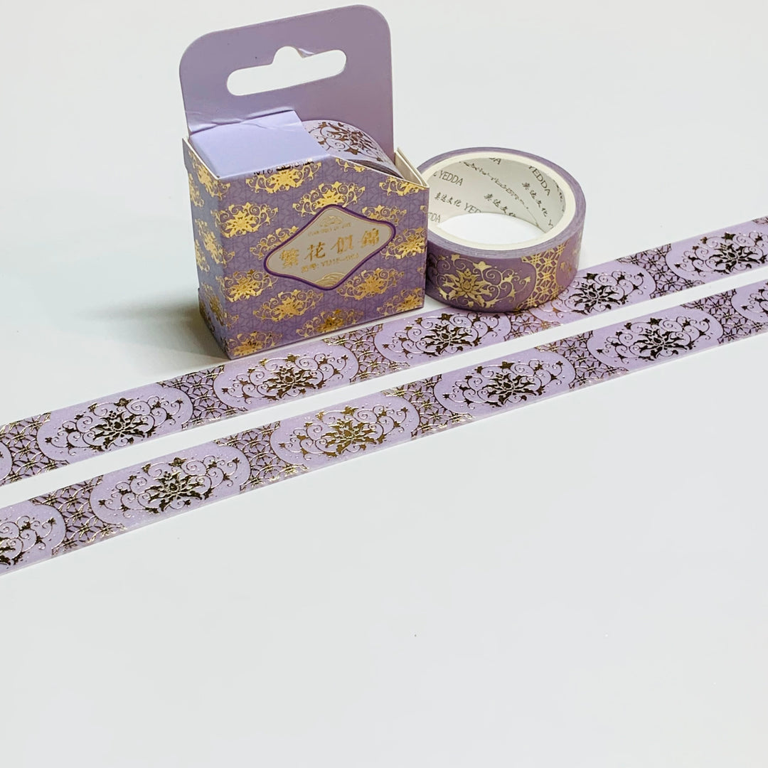 INTRICATE LAVENDER FLORAL Bouquet Gold Foil Embossed Washi Tape ~ 1 Roll ~ 15mm x 3m (10 Feet)