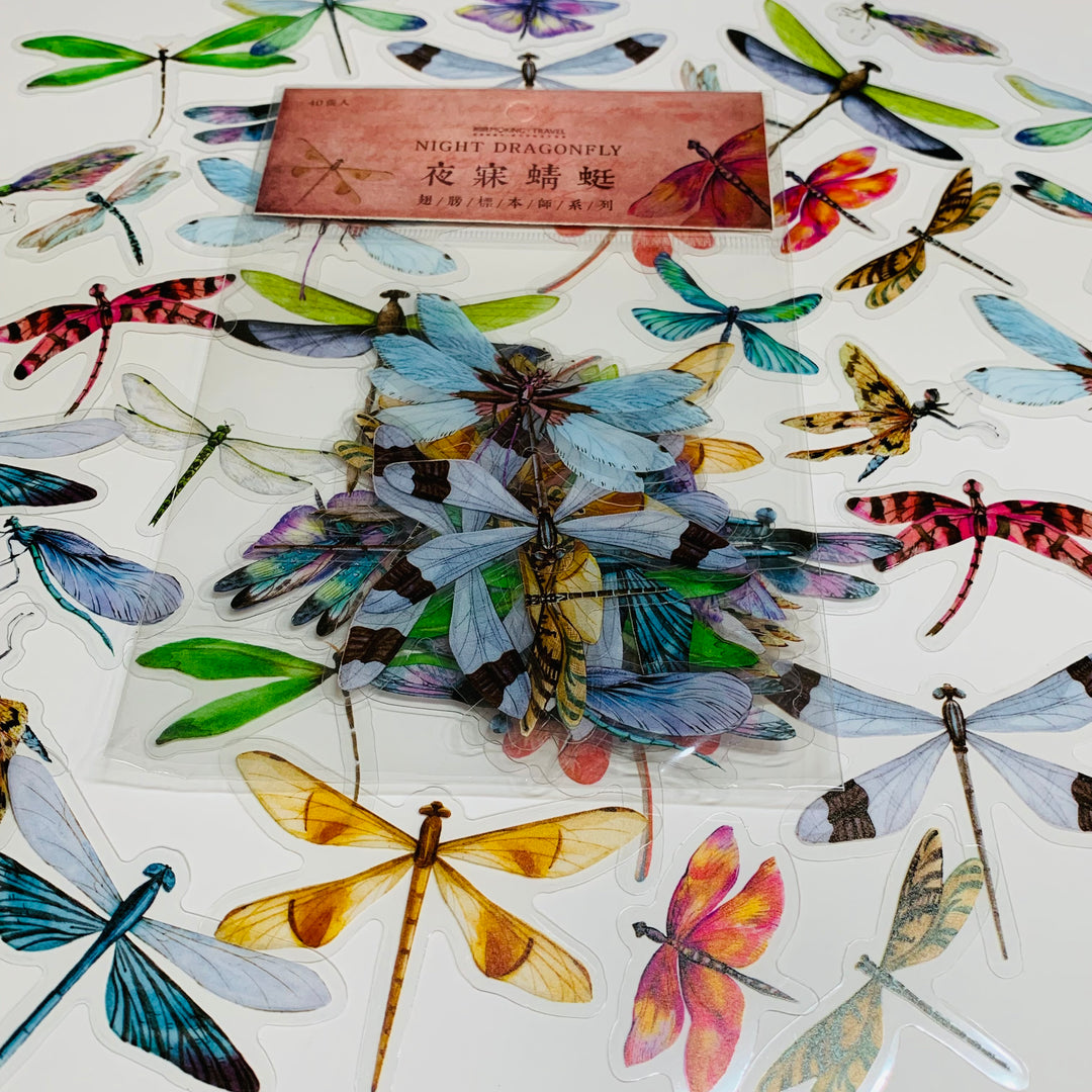 RAINBOW DRAGONFLIES Transparent Peelable Stickers ~ 40 Stickers - 25 to 75mm In Size