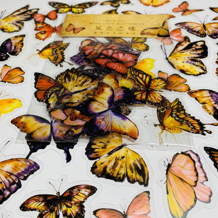 WIND LOVE BUTTERFLY Assortment Transparent Peelable Stickers ~ 40 Stickers - 25 to 60mm In Size