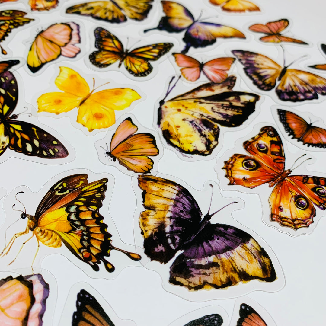 WIND LOVE BUTTERFLY Assortment Transparent Peelable Stickers ~ 40 Stickers - 25 to 60mm In Size