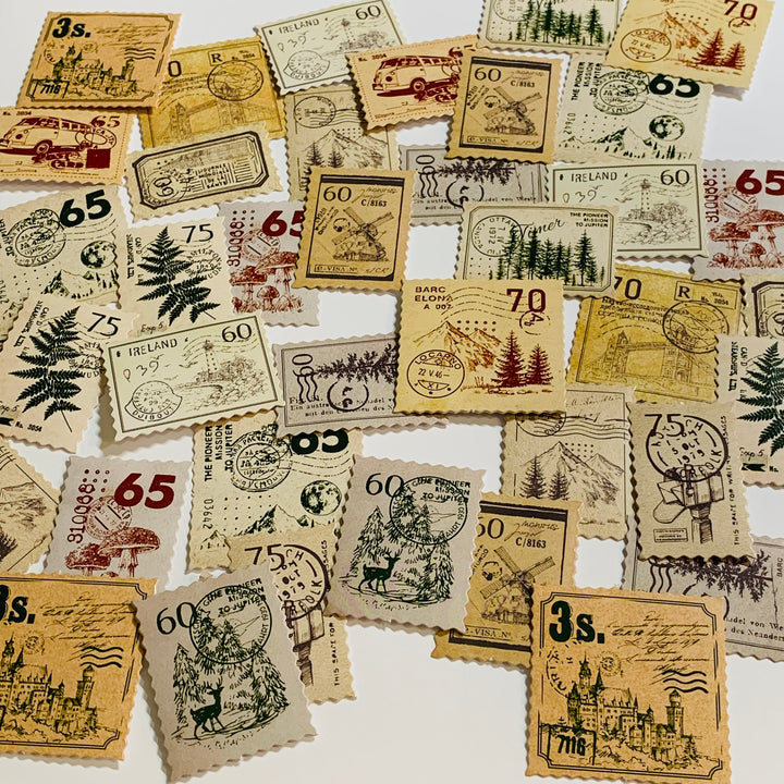 VINTAGE WILDERNESS STAMPS Peelable Stickers  ~ 45 Pieces ~ Each Sticker is 38mm x 38mm