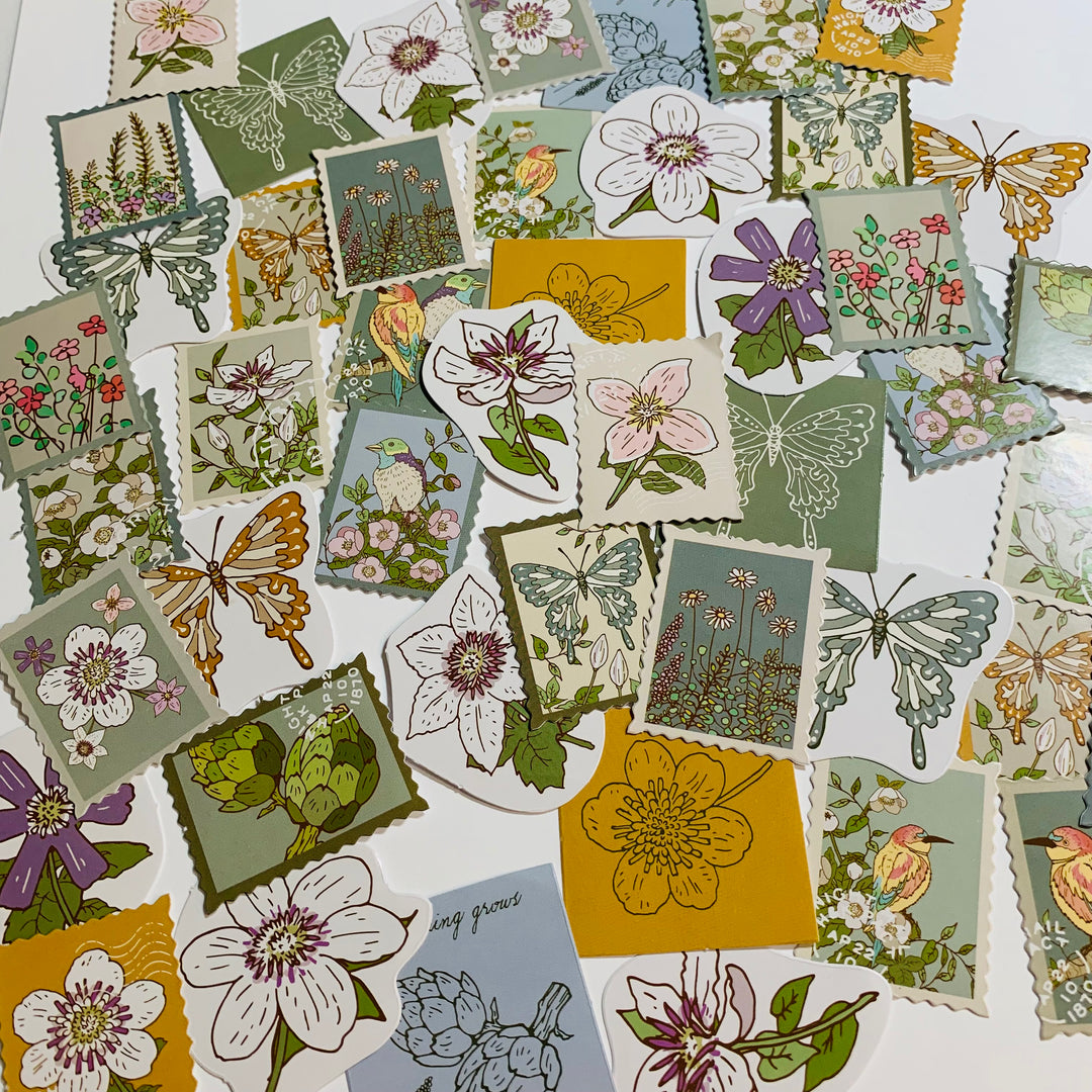 RETRO FLORAL STAMPS Peelable Stickers  ~ 46 Pieces ~ Each Sticker is 38mm x 38mm