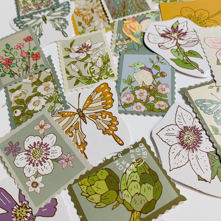 RETRO FLORAL STAMPS Peelable Stickers  ~ 46 Pieces ~ Each Sticker is 38mm x 38mm