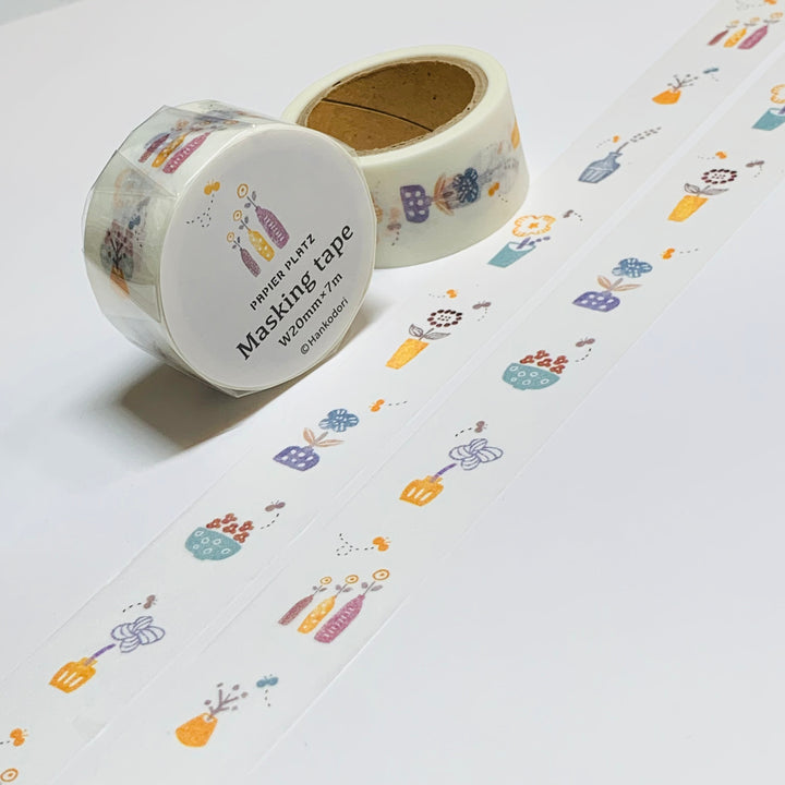 DOODLE FLOWERS With VASES Washi Tape Designed by Hankodori For Papier Platz ~ 1 Roll ~ 20mm x 7m (23 Feet)