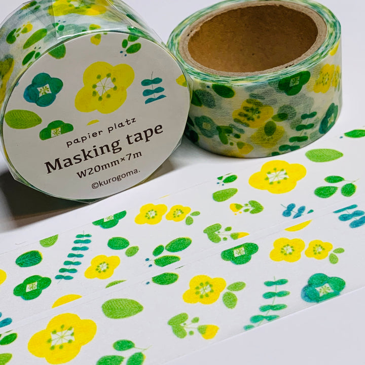 GREEN & YELLOW FLOWERS Washi Tape Designed by Kurogoma for Papier Platz ~ 1 Roll ~ 20mm x 7m (23 Feet)