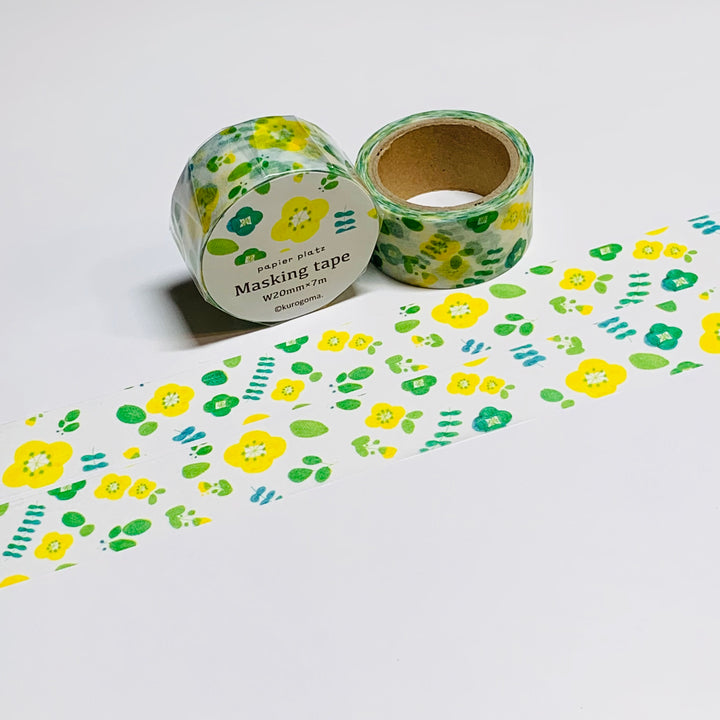 GREEN & YELLOW FLOWERS Washi Tape Designed by Kurogoma for Papier Platz ~ 1 Roll ~ 20mm x 7m (23 Feet)