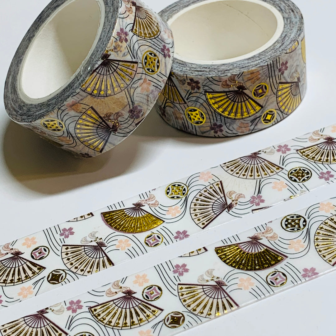 JAPANESE FAN With Gold Foil Embossed Washi Tape ~ 1 Roll ~ 20mm x 10m (33 Feet)