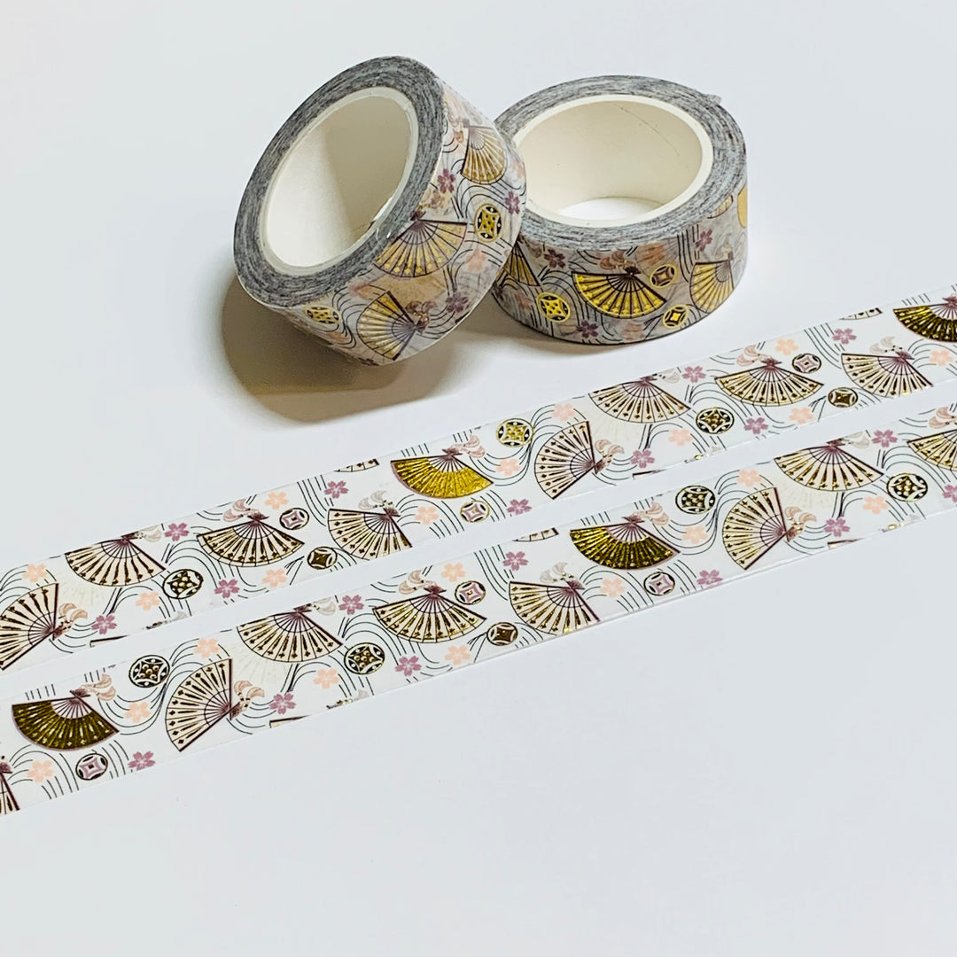 JAPANESE FAN With Gold Foil Embossed Washi Tape ~ 1 Roll ~ 20mm x 10m (33 Feet)