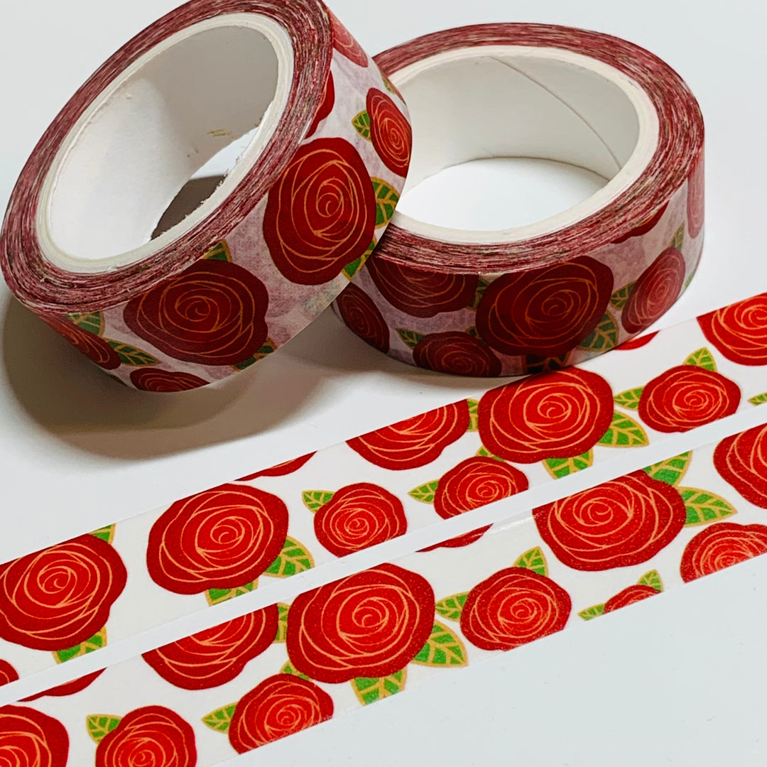 DOODLED RED ROSES Washi Tape ~ 1 Roll ~ 15mm x 10m (33 Feet)