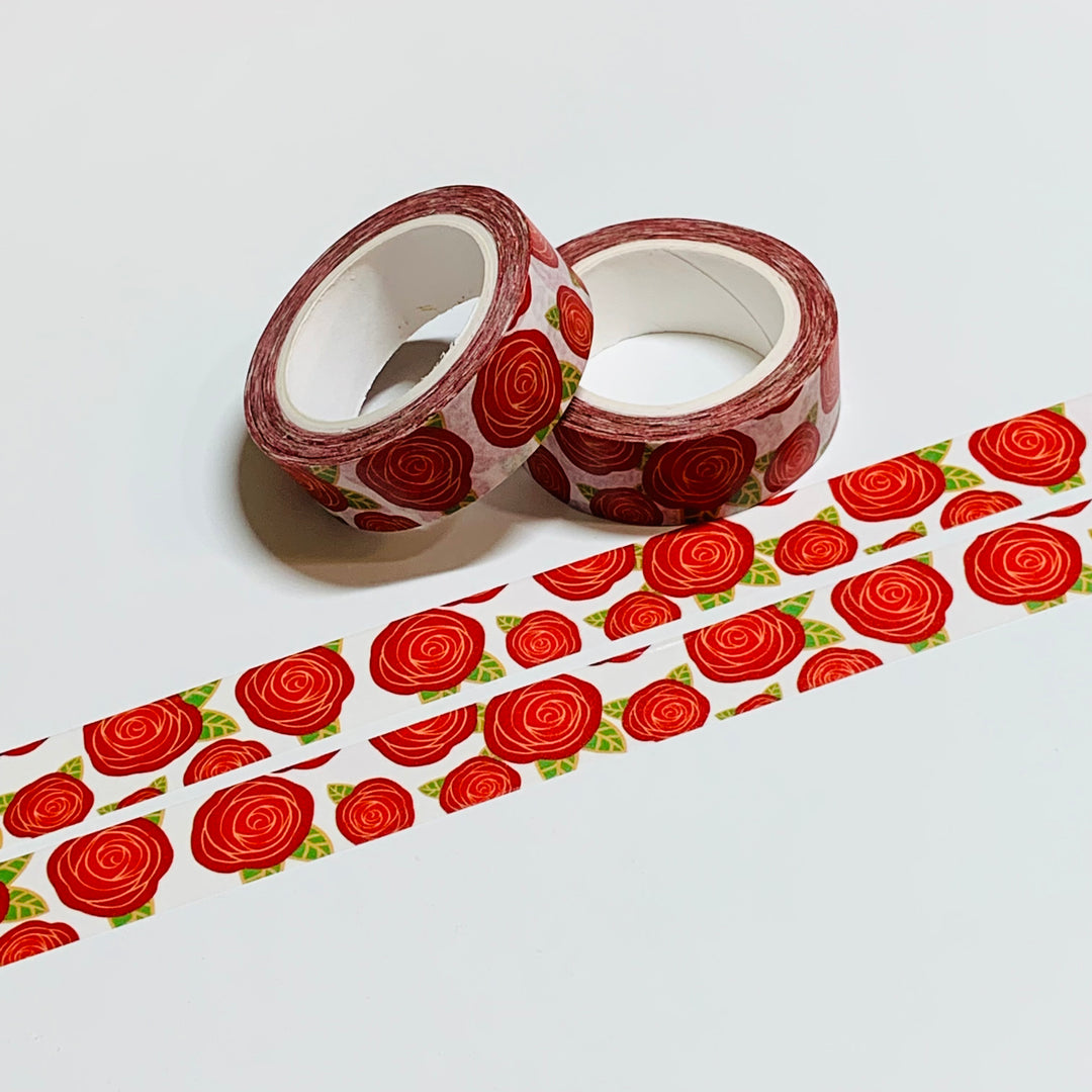 DOODLED RED ROSES Washi Tape ~ 1 Roll ~ 15mm x 10m (33 Feet)