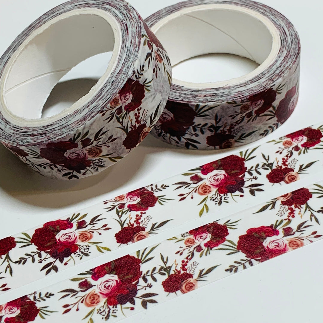 DEEP RED WINE Roses Washi Tape ~ 1 Roll ~ 15mm x 10m (33 Feet)