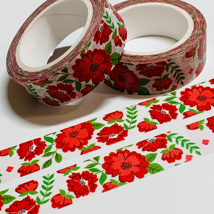 RED And GREEN FLOWERS Washi Tape ~ 1 Roll ~ 15mm x 10m (33 Feet)