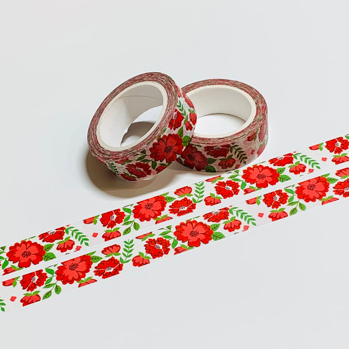 RED And GREEN FLOWERS Washi Tape ~ 1 Roll ~ 15mm x 10m (33 Feet)