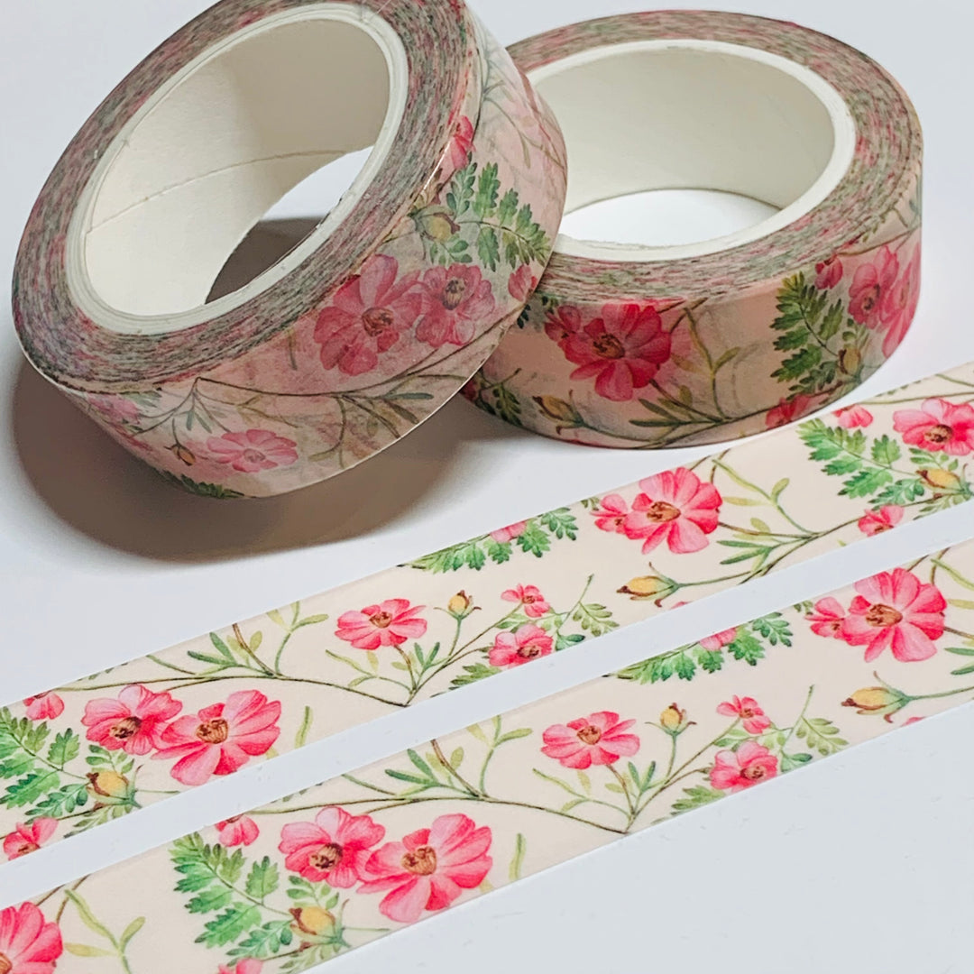 BUDS And BLOOMS PINK Floral Washi Tape ~ 1 Roll ~ 15mm x 10m (33 Feet)