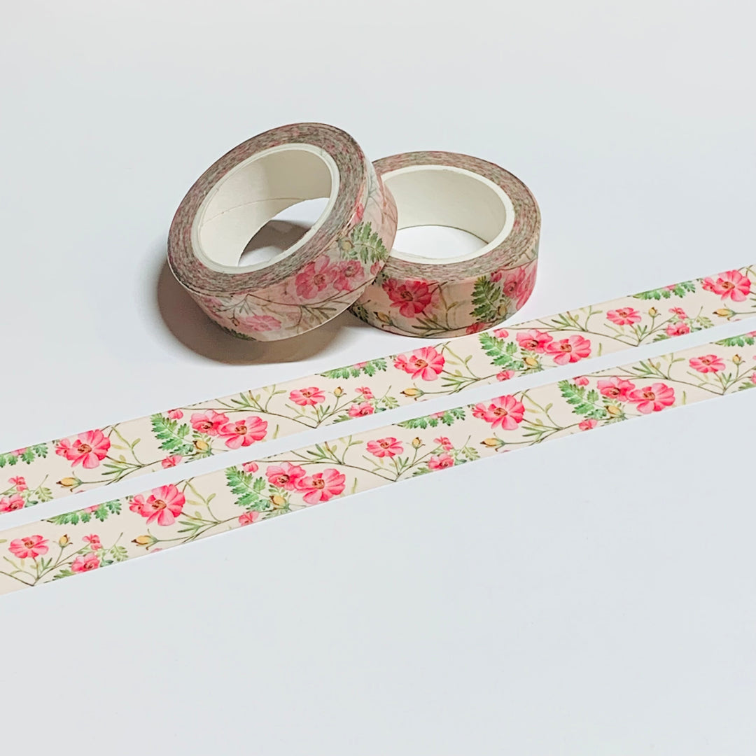 BUDS And BLOOMS PINK Floral Washi Tape ~ 1 Roll ~ 15mm x 10m (33 Feet)