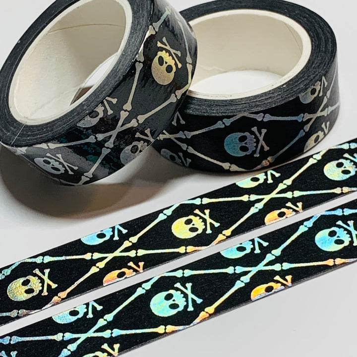 SKULL & CROSSBONES In SILVER Foil Halloween Washi Tape ~ 1 Roll ~ 15mm x 10m (33 Feet)