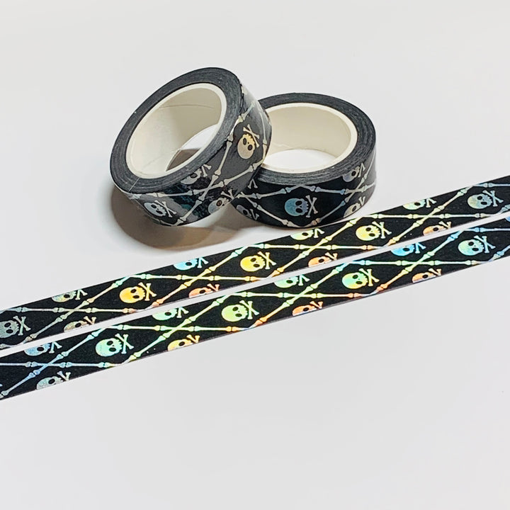 SKULL & CROSSBONES In SILVER Foil Halloween Washi Tape ~ 1 Roll ~ 15mm x 10m (33 Feet)