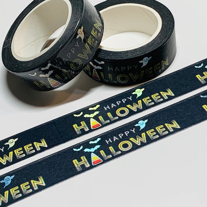 HAPPY HALLOWEEN CANDY Corn Silver Foil Washi Tape ~ 1 Roll ~ 15mm x 10m (33 Feet)