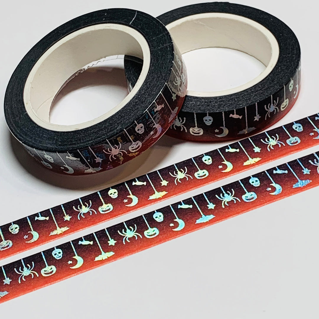 DANGLING SILVER FOIL Halloween Icons Washi Tape ~ 1 Roll ~ 10mm x 10m (33 Feet)