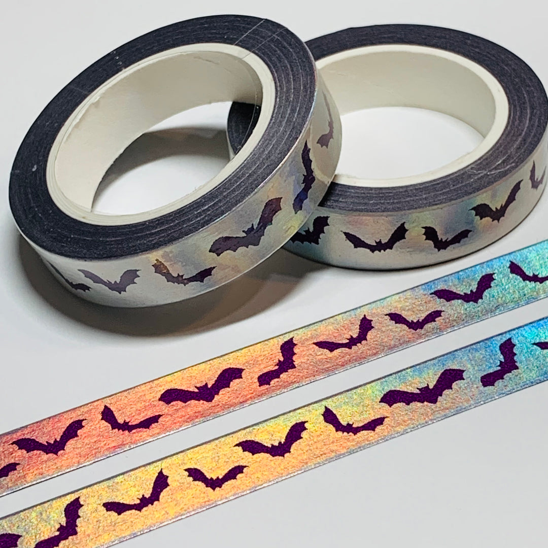 FLYING BATS In HOLOGRAPHIC Silver Foil Halloween Washi Tape ~ 1 Roll ~ 10mm x 10m (33 Feet)