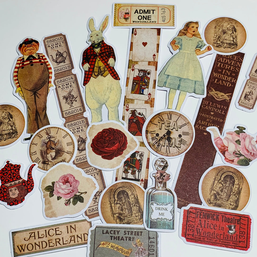 VINTAGE ALICE SLEEPING Ephemera Papers, Tags, Vellum & Stickers Pack ~ 90 Pieces