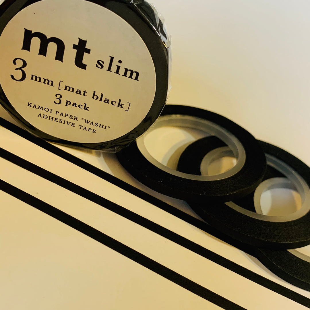 SLIM BLACK MATTE Mt Washi Tape ~ 3 Rolls  Set ~ 3mm x 7m (23 Feet Each Roll)