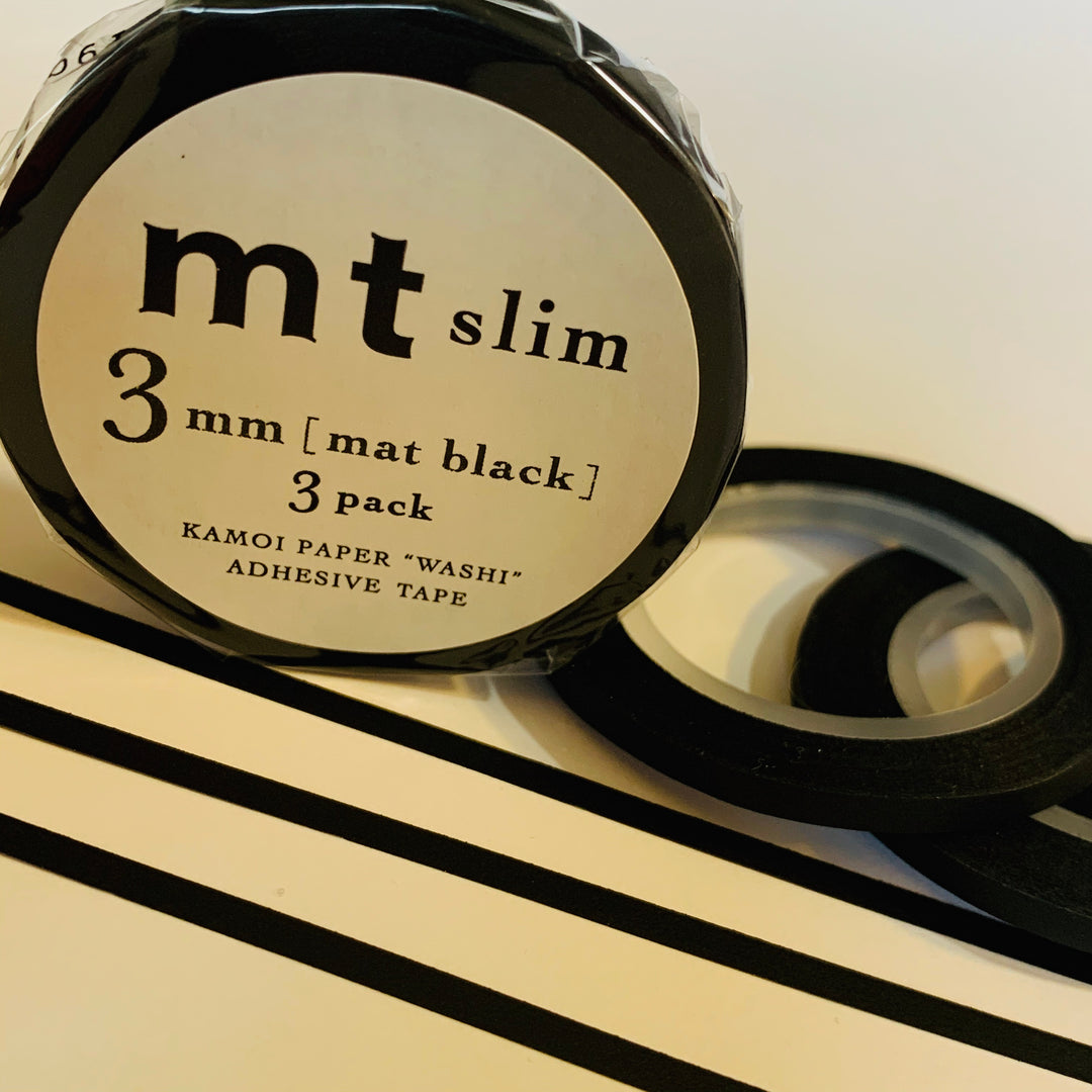 SLIM BLACK MATTE Mt Washi Tape ~ 3 Rolls  Set ~ 3mm x 7m (23 Feet Each Roll)