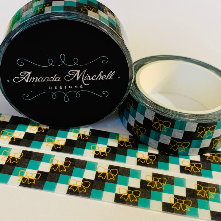 PREPPY SQUARES With GOLD Bows Amanda Mischell Washi Tape ~ 1 Roll ~ 15mm x 10m (33 Feet)