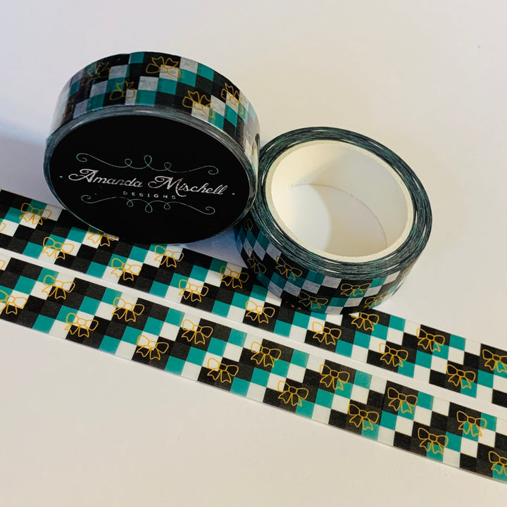 PREPPY SQUARES With GOLD Bows Amanda Mischell Washi Tape ~ 1 Roll ~ 15mm x 10m (33 Feet)