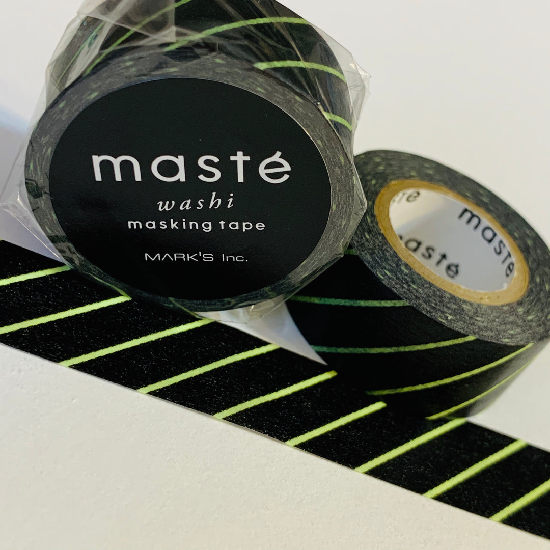 BLACK NEON YELLOW Stripes Maste Washi Tape ~ 1 Roll ~ 15mm x 7m (23 Feet)