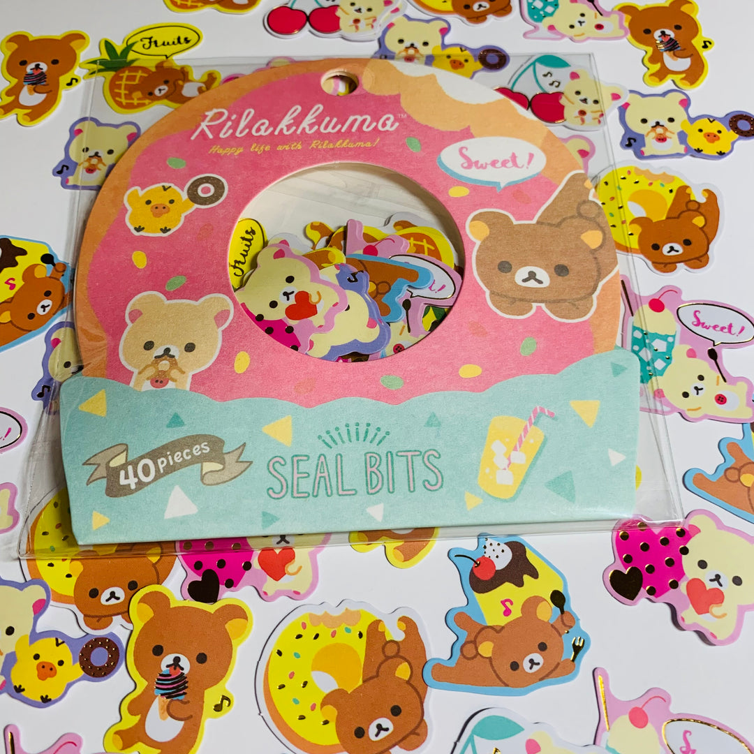 RILAKKUMA JUICE & CUPCAKES Seal Bits Gold Foil Sticker Flake Stickers ~ 40 Pieces ~ Approximately 20-30mm