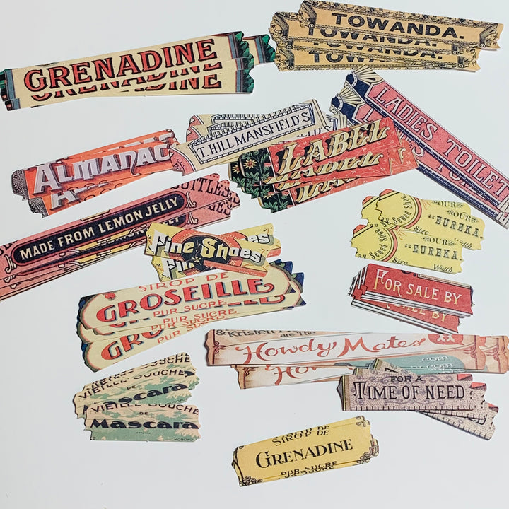 RETRO ADVERTISING LABELS Ephemera Sticker Pack ~ 60 Pieces ~ 15mm - 120mm