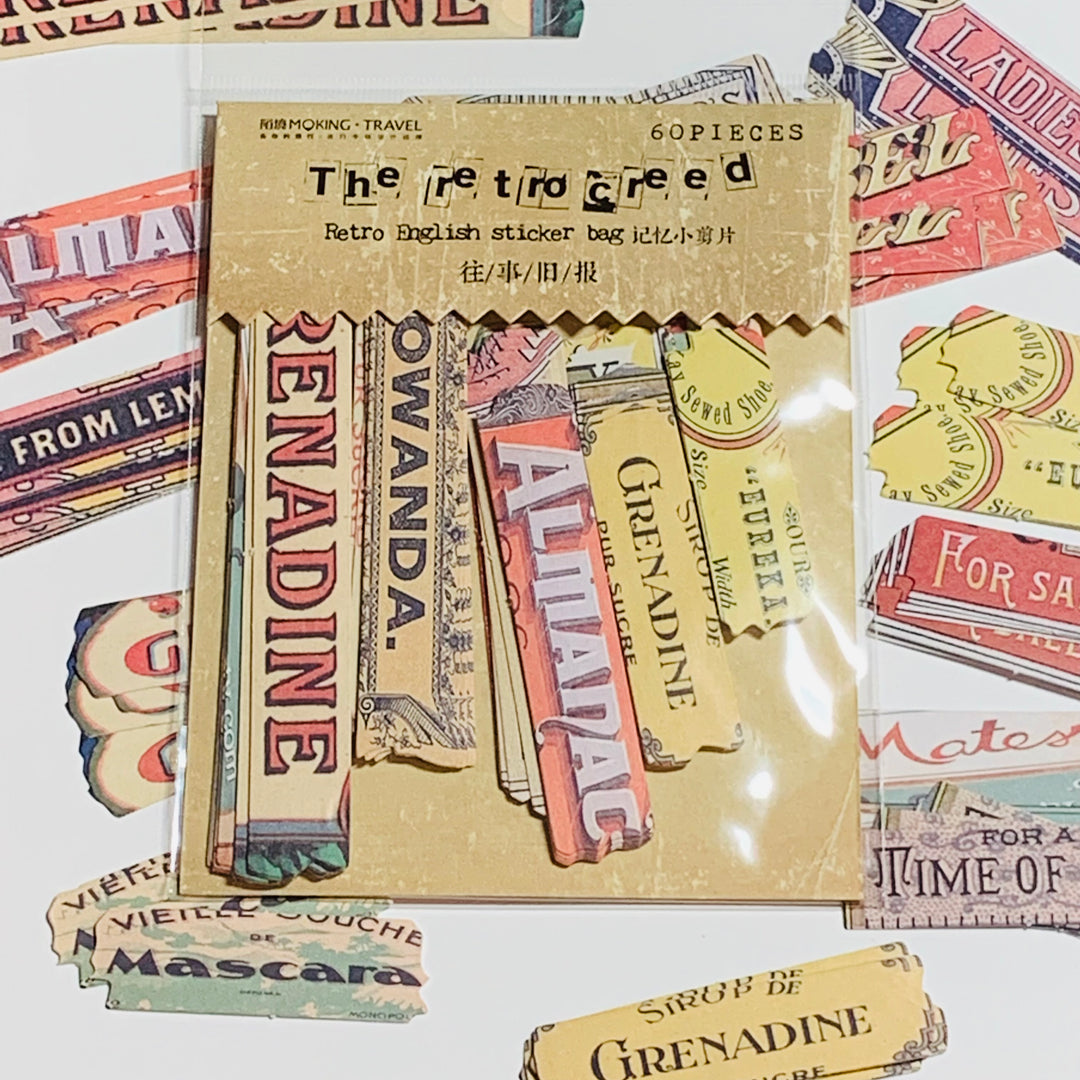 RETRO ADVERTISING LABELS Ephemera Sticker Pack ~ 60 Pieces ~ 15mm - 120mm