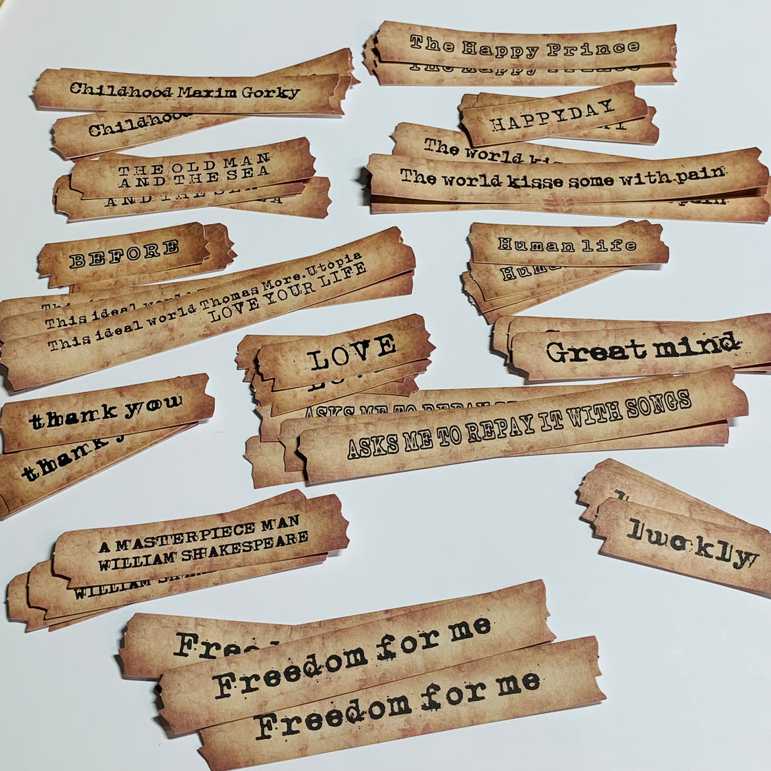 RETRO TEA STAINED PHRASES & Quotes Ephemera Sticker Pack ~ 60 Pieces ~ 15mm - 120mm