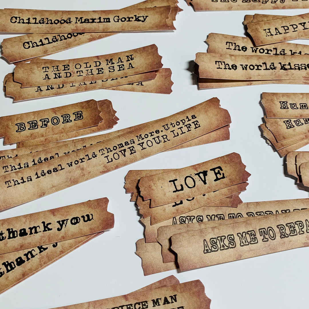 RETRO TEA STAINED PHRASES & Quotes Ephemera Sticker Pack ~ 60 Pieces ~ 15mm - 120mm