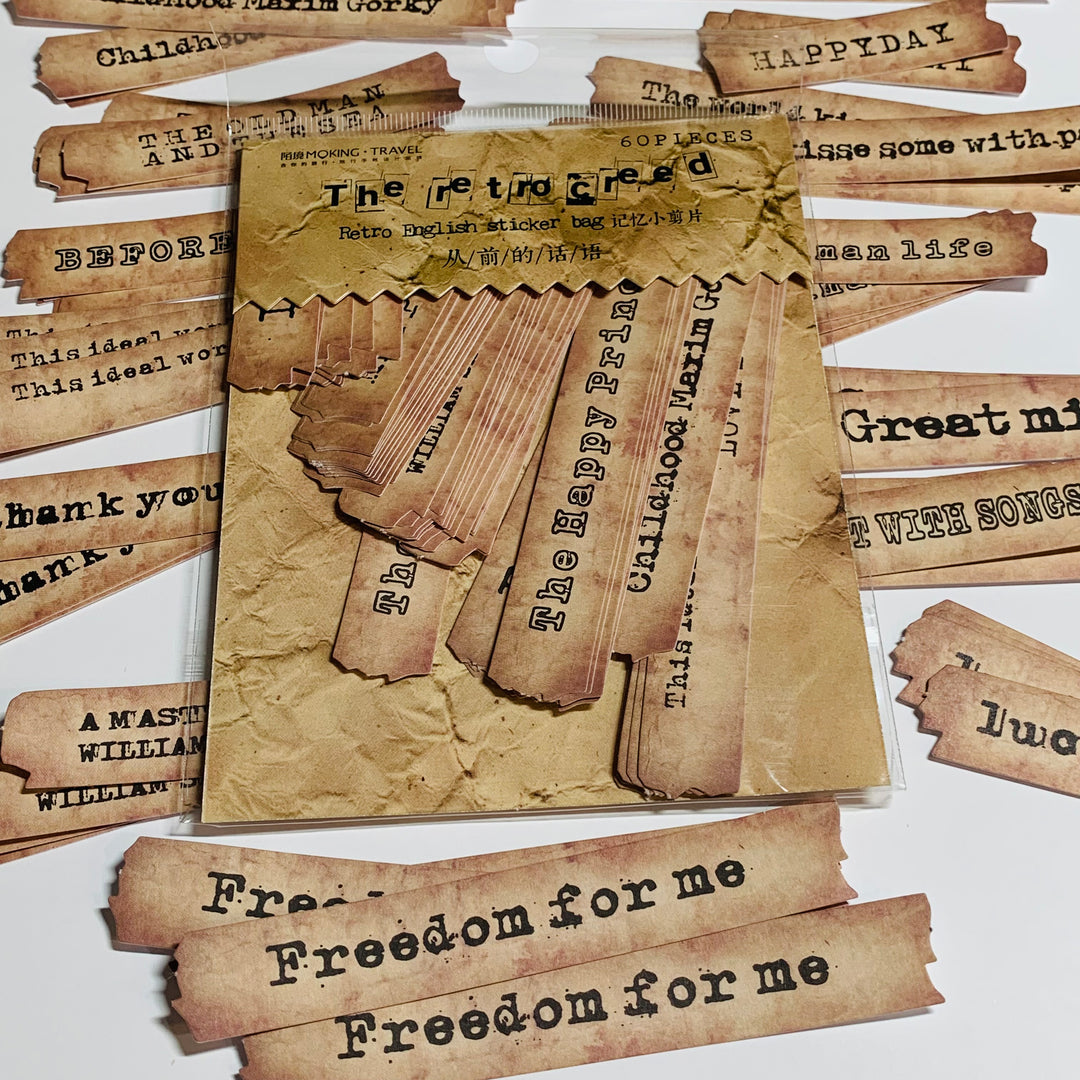 RETRO TEA STAINED PHRASES & Quotes Ephemera Sticker Pack ~ 60 Pieces ~ 15mm - 120mm