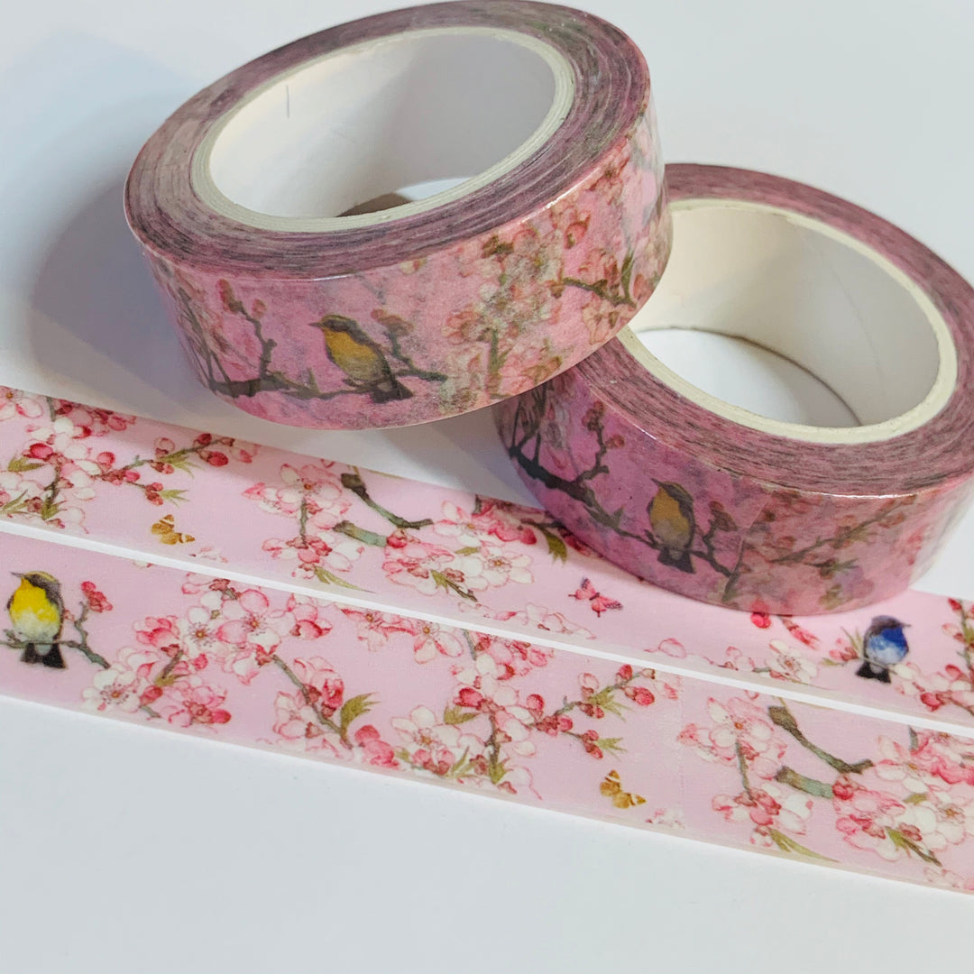 BIRDS CHERRY BLOSSOM Tree Washi Tape - 1 Roll - 15mm x 10m (33 Feet)