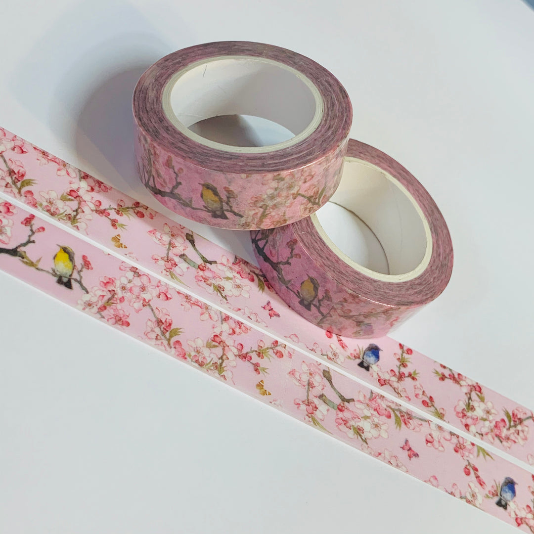 BIRDS CHERRY BLOSSOM Tree Washi Tape - 1 Roll - 15mm x 10m (33 Feet)