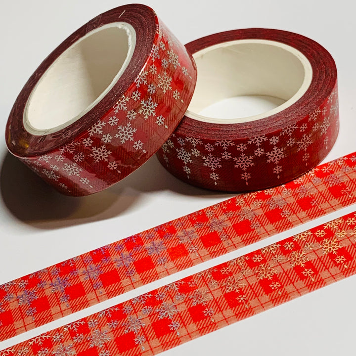 DANGLING SILVER SNOWFLAKES On WINTER PLAID Foil Washi Tape ~ 1 Roll - 15mm x 10m (33 Feet)