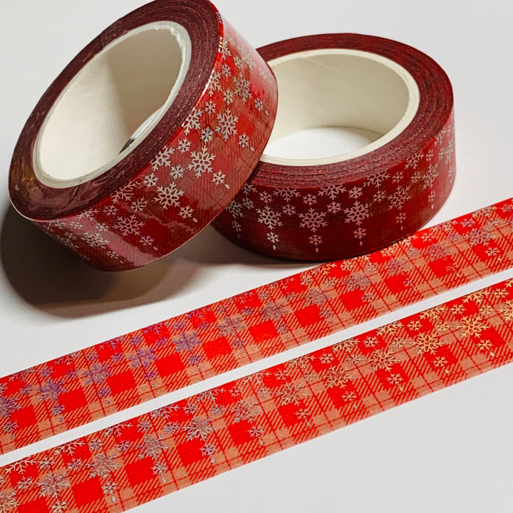 DANGLING SILVER SNOWFLAKES On WINTER PLAID Foil Washi Tape ~ 1 Roll - 15mm x 10m (33 Feet)