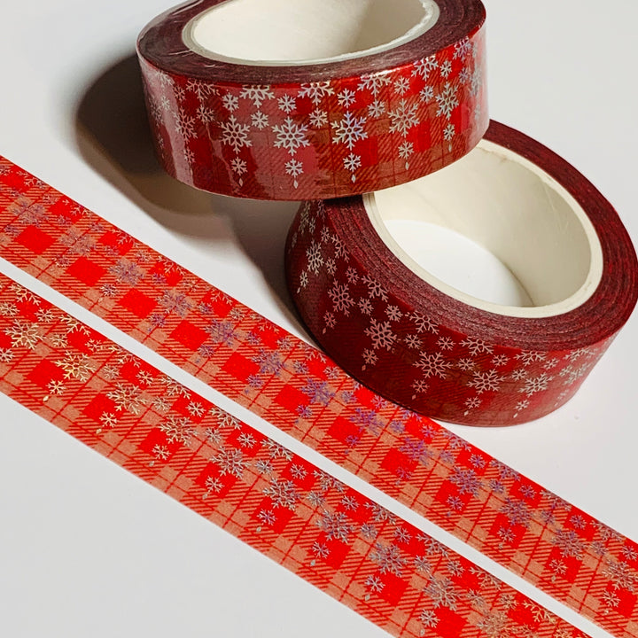 DANGLING SILVER SNOWFLAKES On WINTER PLAID Foil Washi Tape ~ 1 Roll - 15mm x 10m (33 Feet)