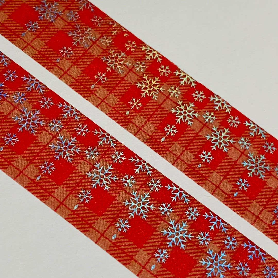 DANGLING SILVER SNOWFLAKES On WINTER PLAID Foil Washi Tape ~ 1 Roll - 15mm x 10m (33 Feet)