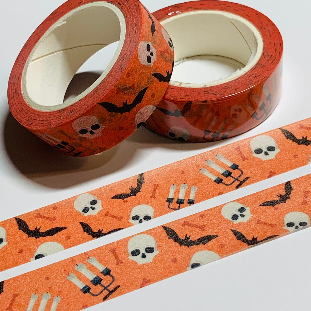 CANDELABRAS SKULLS And FLYING BATS Halloween Washi Tape ~ 1 Roll ~ 15mm x 10m (33 Feet)