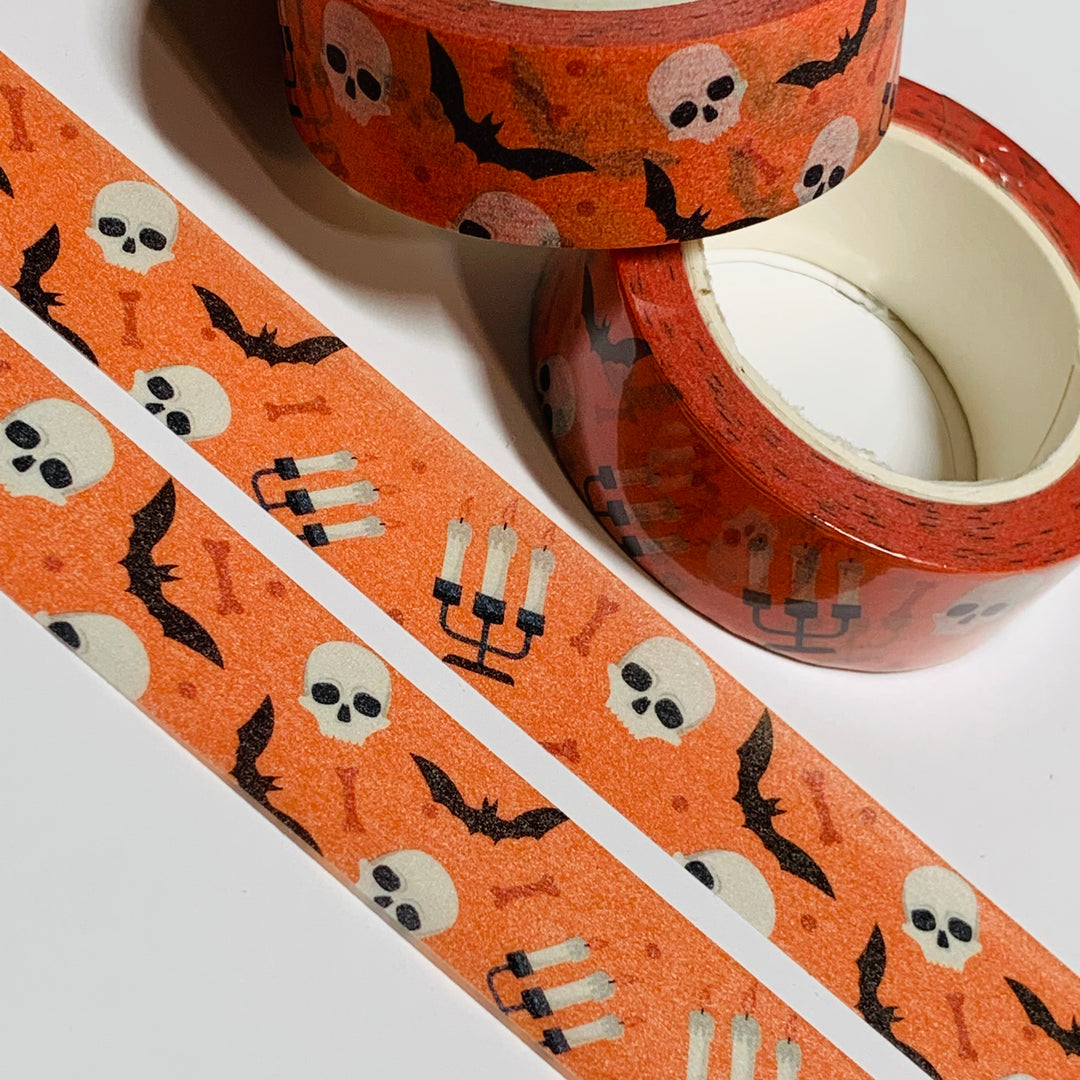 CANDELABRAS SKULLS And FLYING BATS Halloween Washi Tape ~ 1 Roll ~ 15mm x 10m (33 Feet)