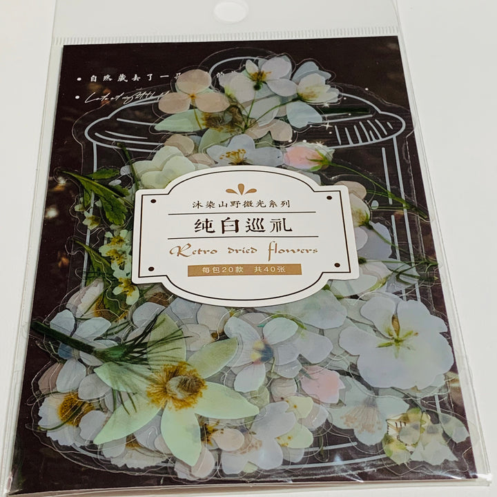 DELICATE WHITE DRIED FLOWERS Peelable Sticker Ephemera Pack ~ 40 Pieces, Each Sticker 50-100mm