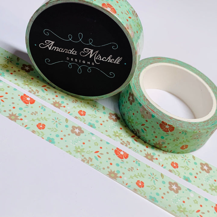 WINTERGREEN FLORAL PRINT Amanda Mischell Washi Tape ~ 1 Roll ~ 15mm x 10m (33 Feet)